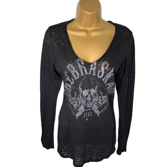 Vintage Y2K Kavio Nebraska Burnout Long Sleeve Tee Sheer Black Large - Picture 1 of 7
